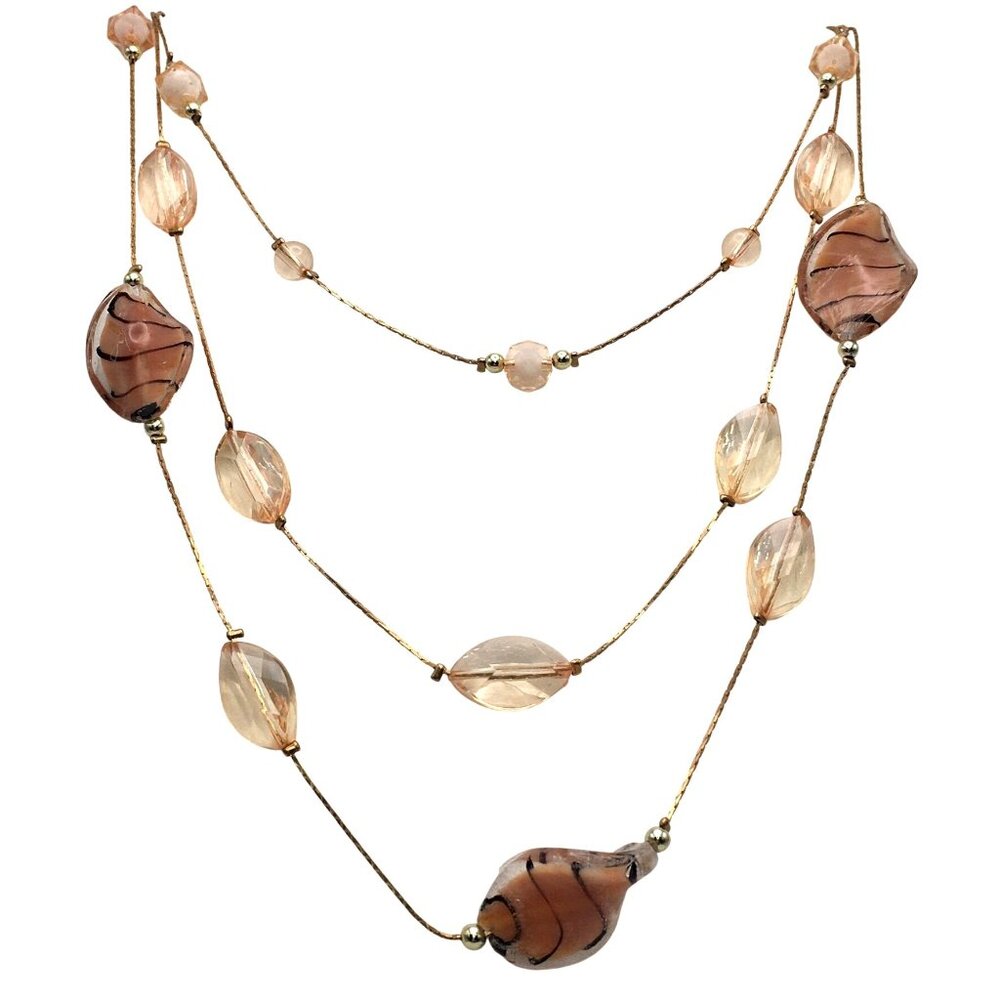Vintage Peach Art Glass GoldTone Chain Three-Strand Necklace Peach Acrylic Beads